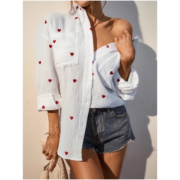 Cozy White Hearts Button Down Oversized Shirt - Picture 7 of 9